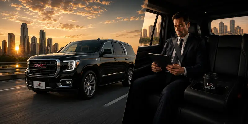 Business executive using a tablet in the rear cabin of a luxury SUV while a black GMC Yukon drives through a city skyline at sunset.